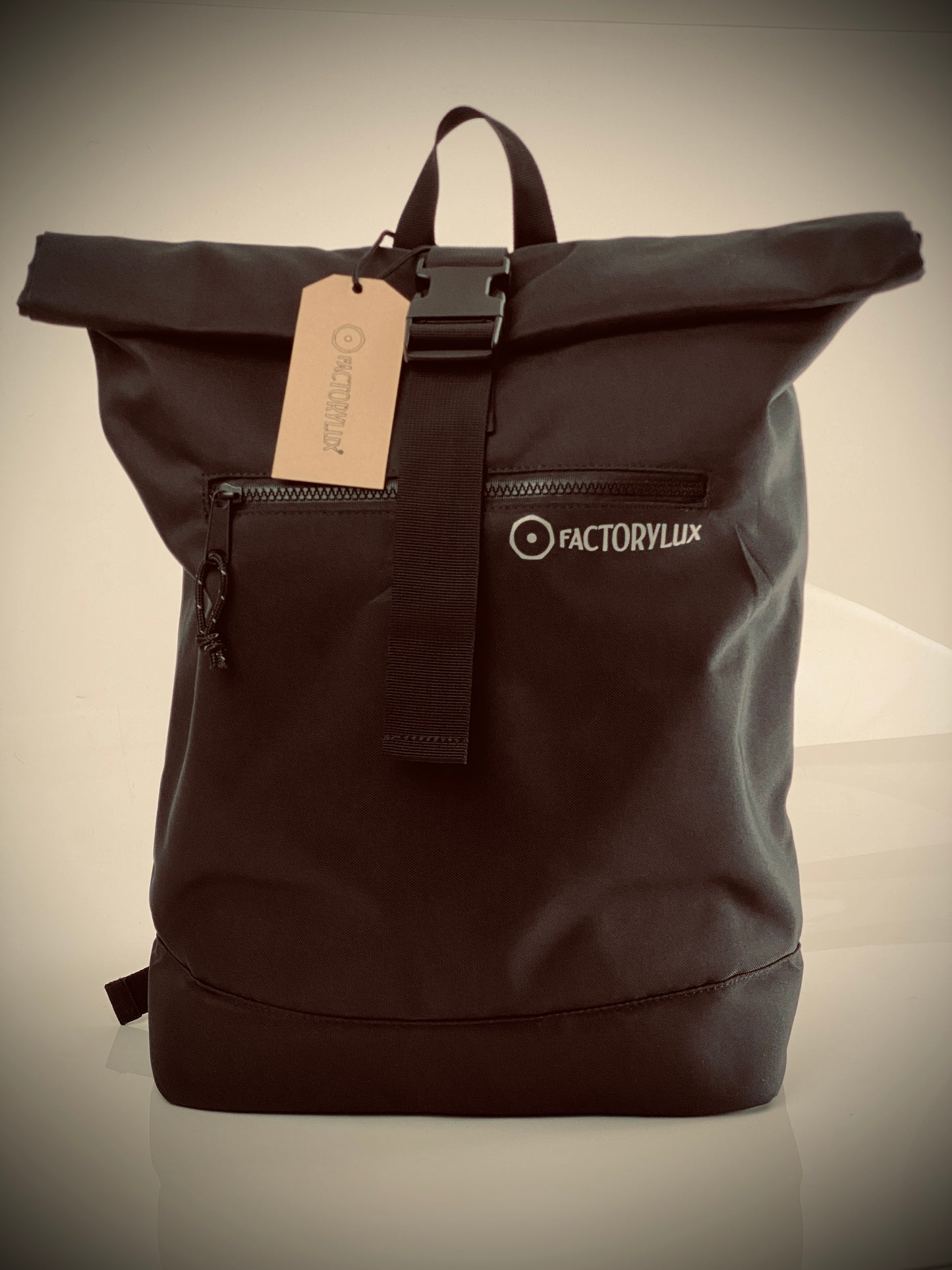 Factorylux 20 litre, roll top, black recycled polyester bag.