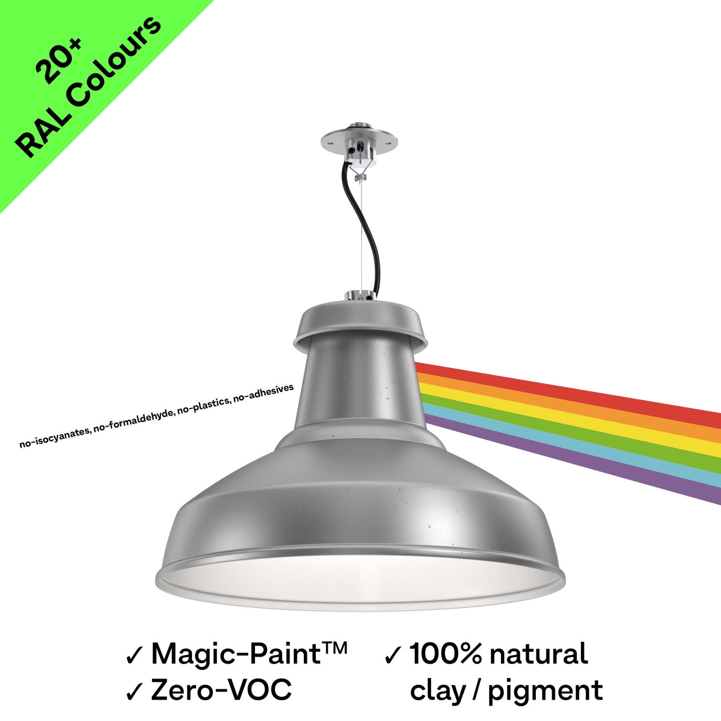 A sustainable, Custom-Finish, architectural pendant light that's designed for circular economy, on a low-profile mounting disc