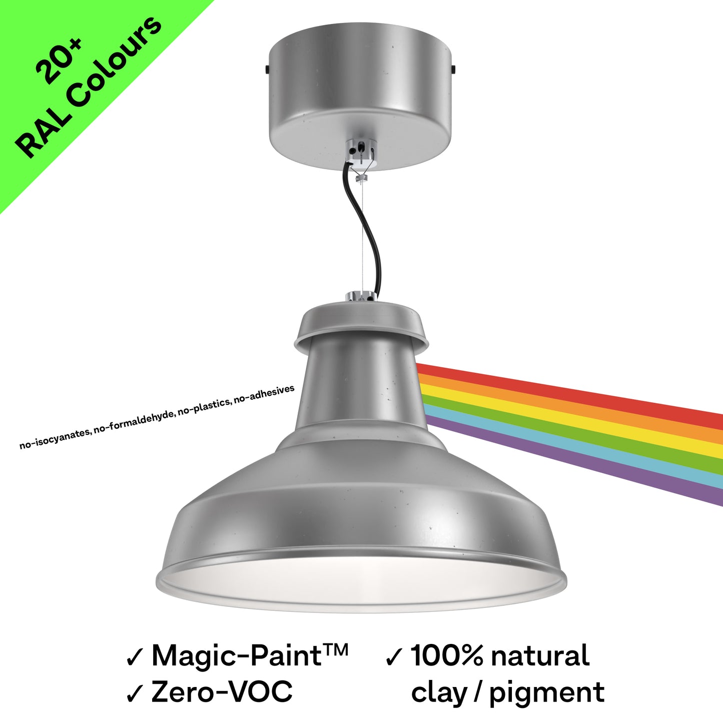 A sustainable, Custom-Finish, architectural pendant light that's designed for circular economy, on a large monopoint mounting