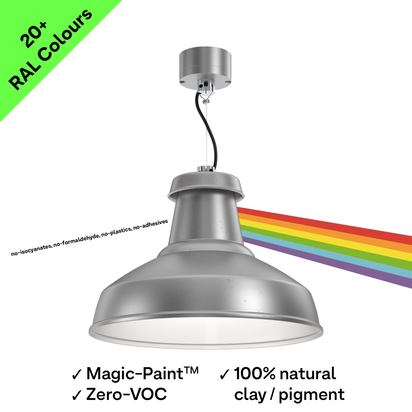 A sustainable, Custom-Finish, architectural pendant light that's designed for circular economy, on a small monopoint mounting