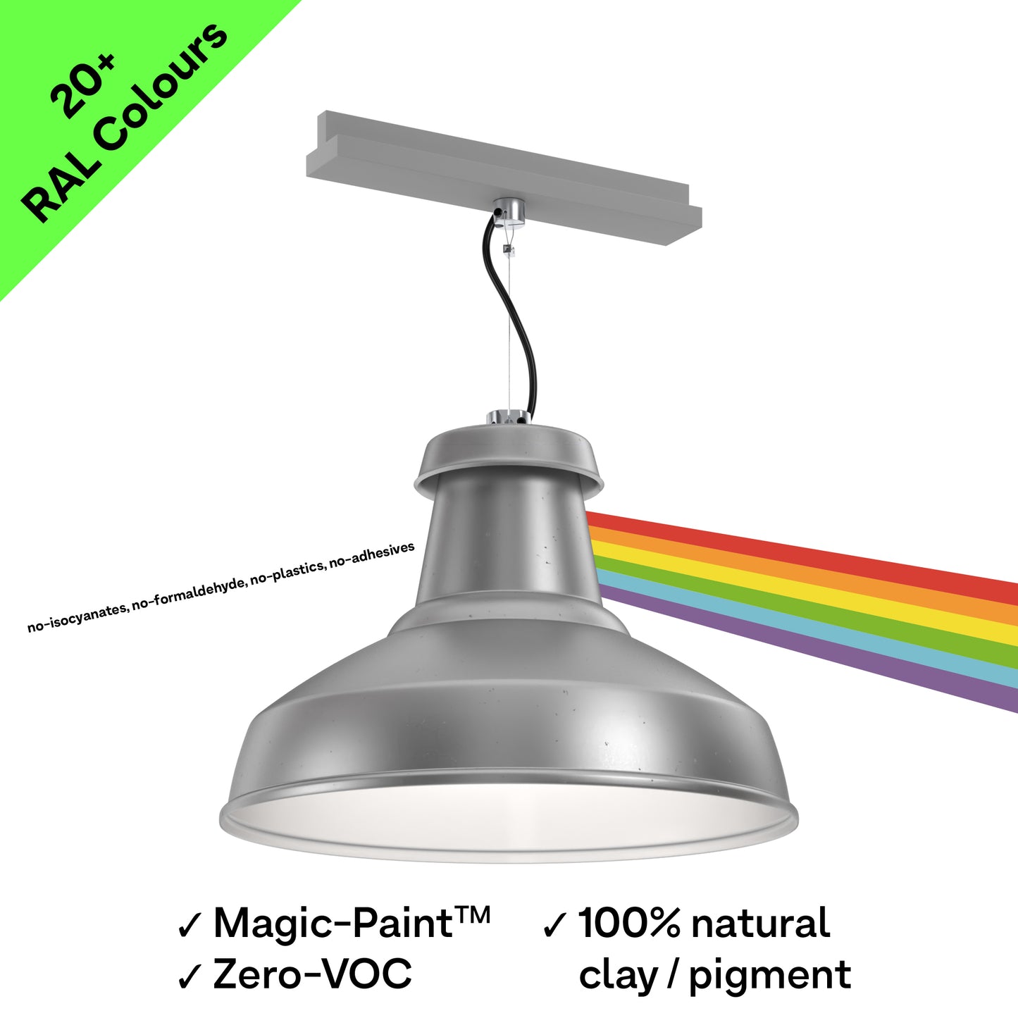 A Custom-Finish, architectural pendant light that's designed for circular economy, on a track adaptor with integral driver
