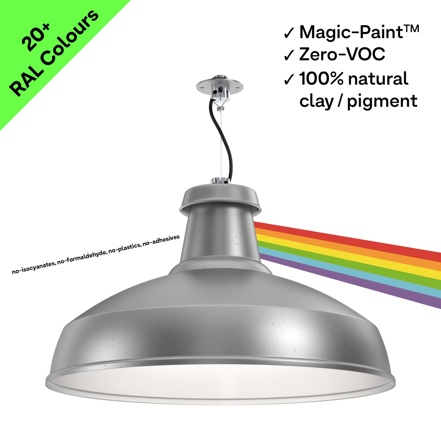 A sustainable architectural XL pendant light on a low-profile, flat mounting disc with BESA hole spacings