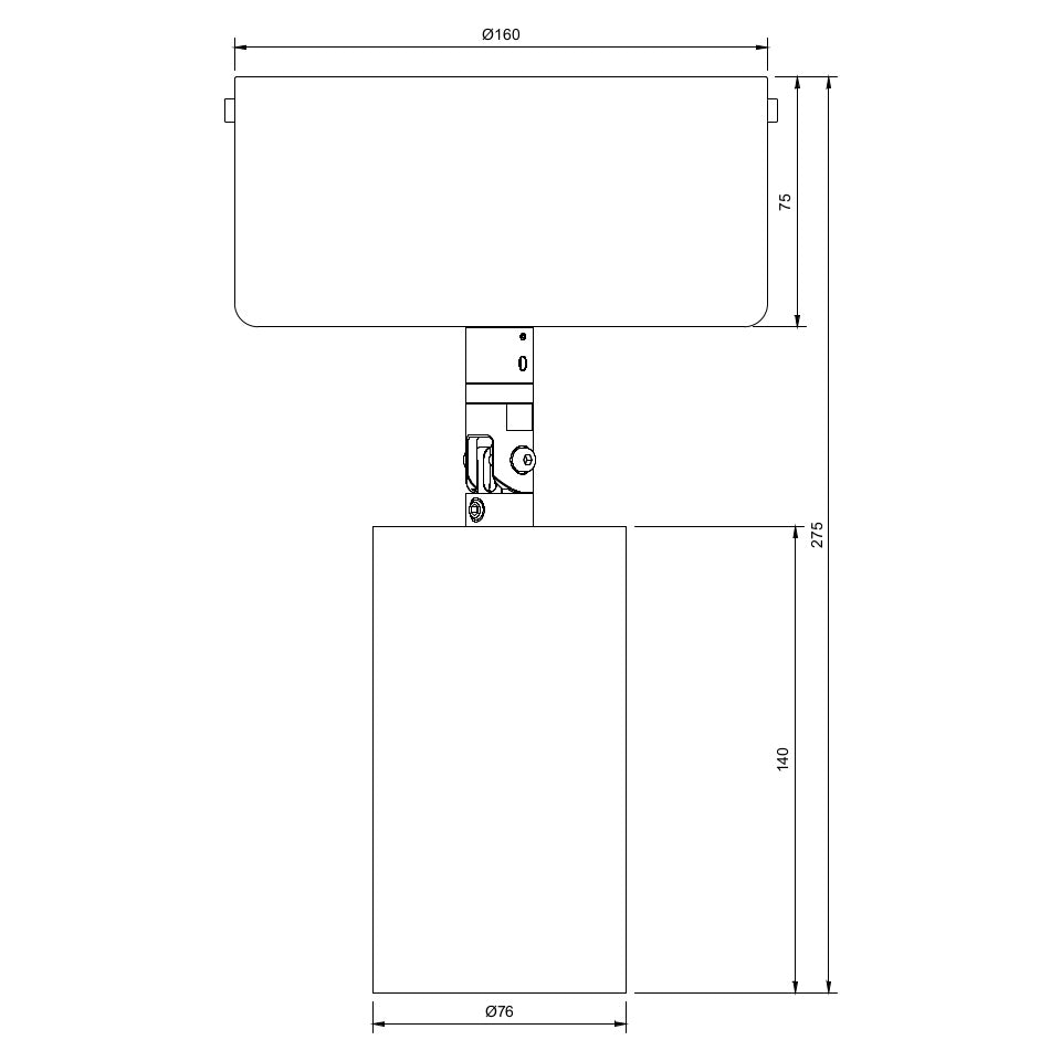 Technical drawing of a circular economy architectural spotlight, with large monopoint mounting and BESA hole spacings