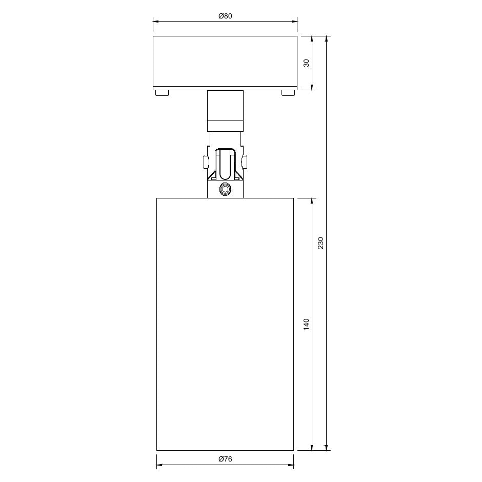 Technical drawing of a circular economy architectural spotlight, with small monopoint mounting and BESA hole spacings