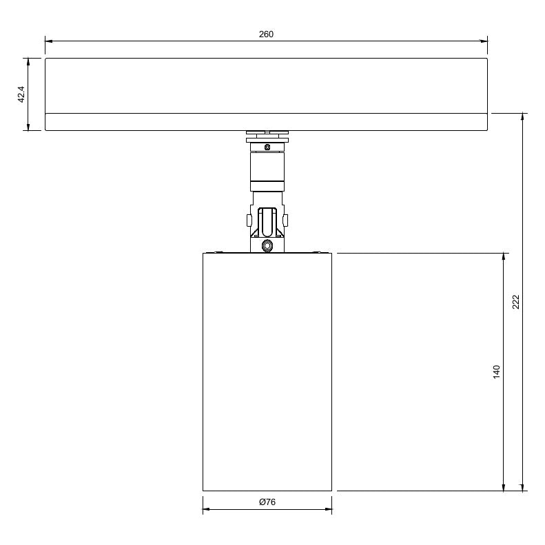 Technical or line drawing of a circular economy architectural spotlight on a lighting track adaptor