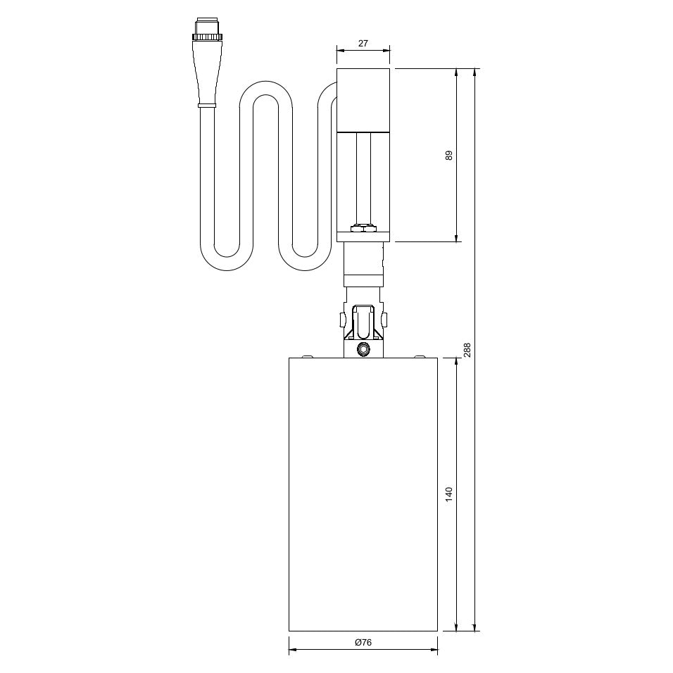 Technical or line drawing of a circular economy architectural spotlight on a Track-Pipe® lighting track adaptor