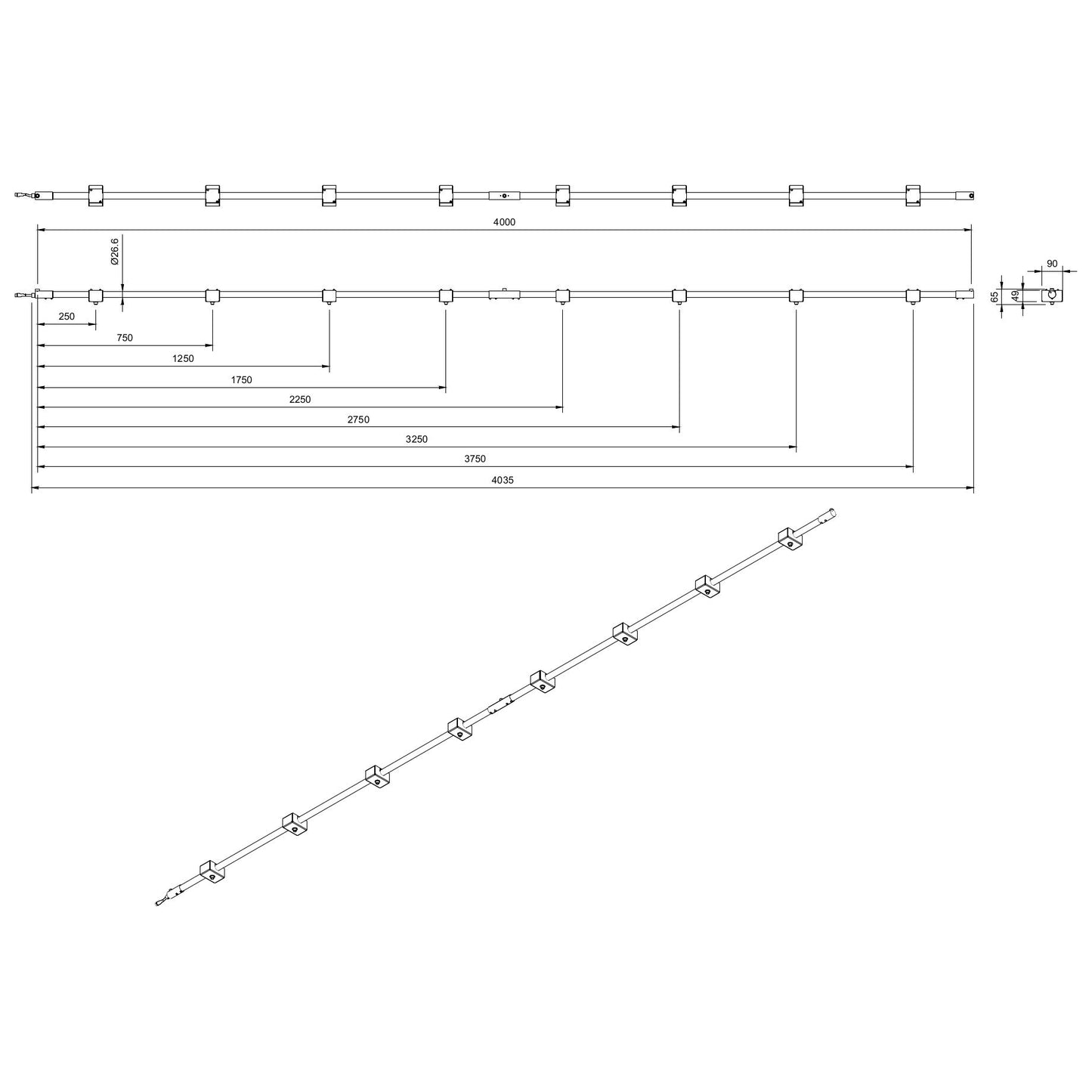 4 metre length of stainless steel Track-Pipe®, a sustainable paint-free alternative to track lighting for architects