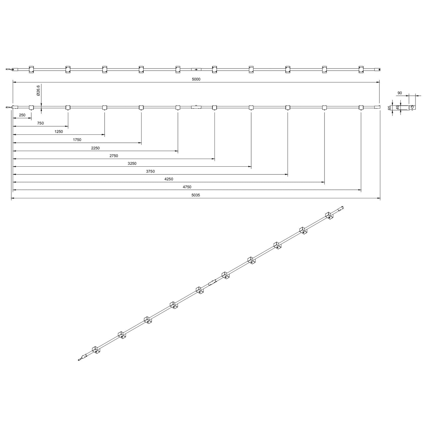 Technical or line drawing of Track-Pipe® 5000mm, a circular economy alternative to track lighting for architects