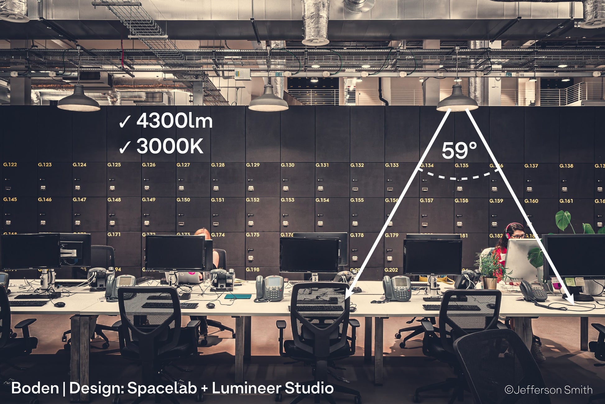 Contemporary office workers in Boden's London HQ with architectural pendants at the correct light level