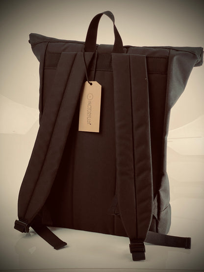 Rear view of Factorylux 20 litre, roll top, black recycled polyester bag. 
