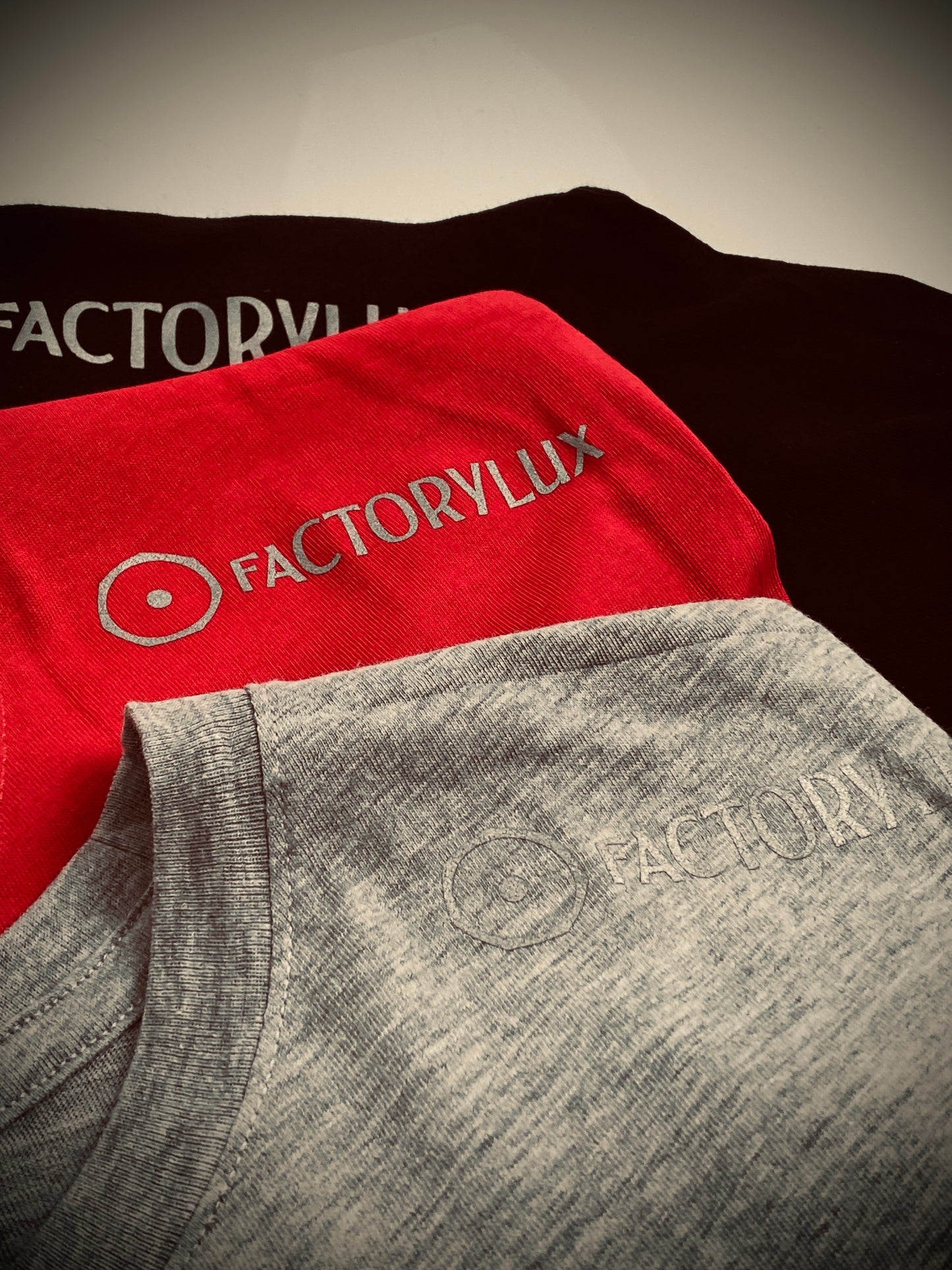 Soft 100% organic cotton T's, with Factorylux logo on left shoulder. Available in every size under the sun :-)