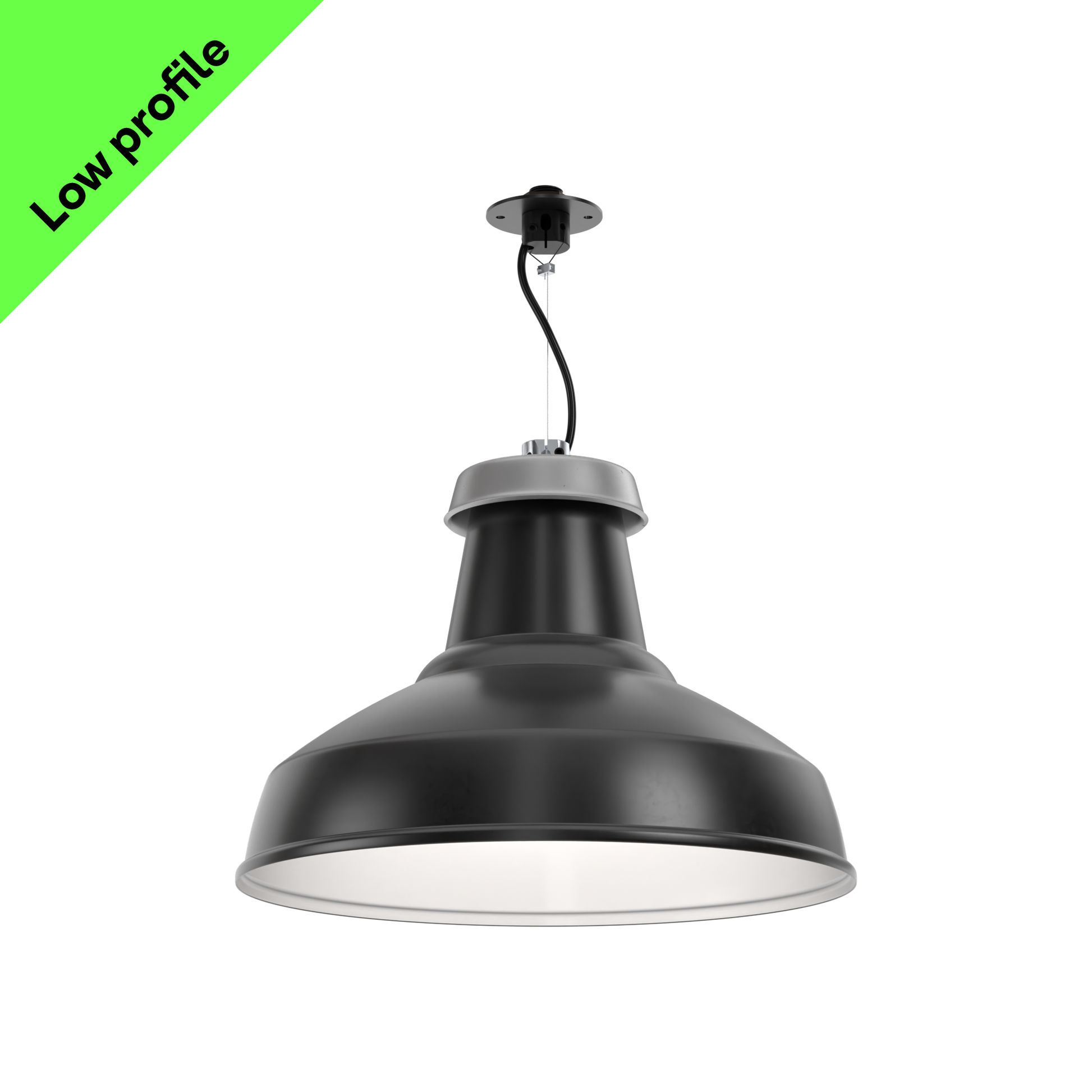 A sustainable, black, architectural pendant light that's designed for circular economy, on a low-profile mounting disc