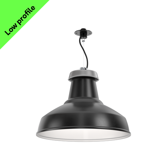 A sustainable, black, architectural pendant light that's designed for circular economy, on a low-profile mounting disc