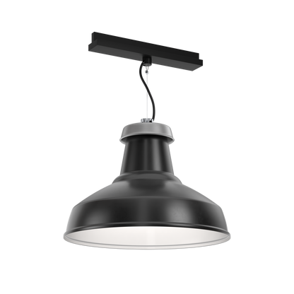 A black, architectural pendant light  that's designed for circular economy, on a track adaptor with integral driver