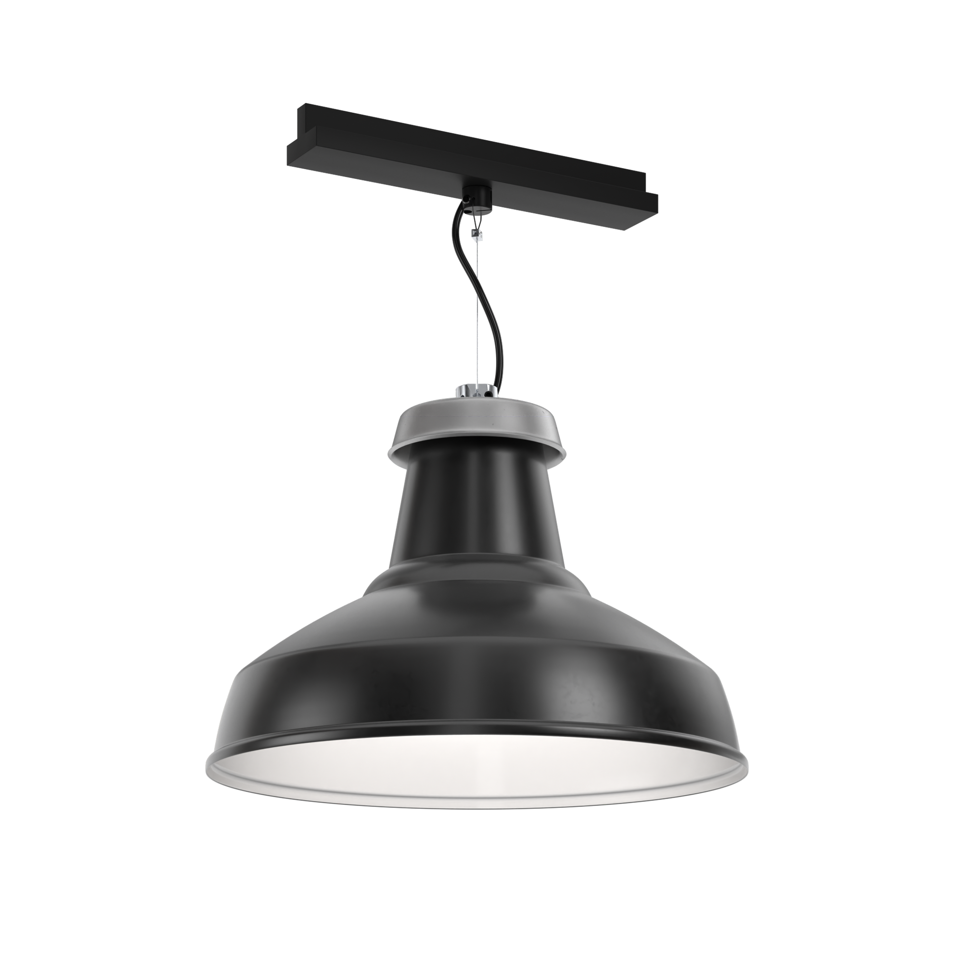 A black, architectural pendant light  that's designed for circular economy, on a track adaptor with integral driver