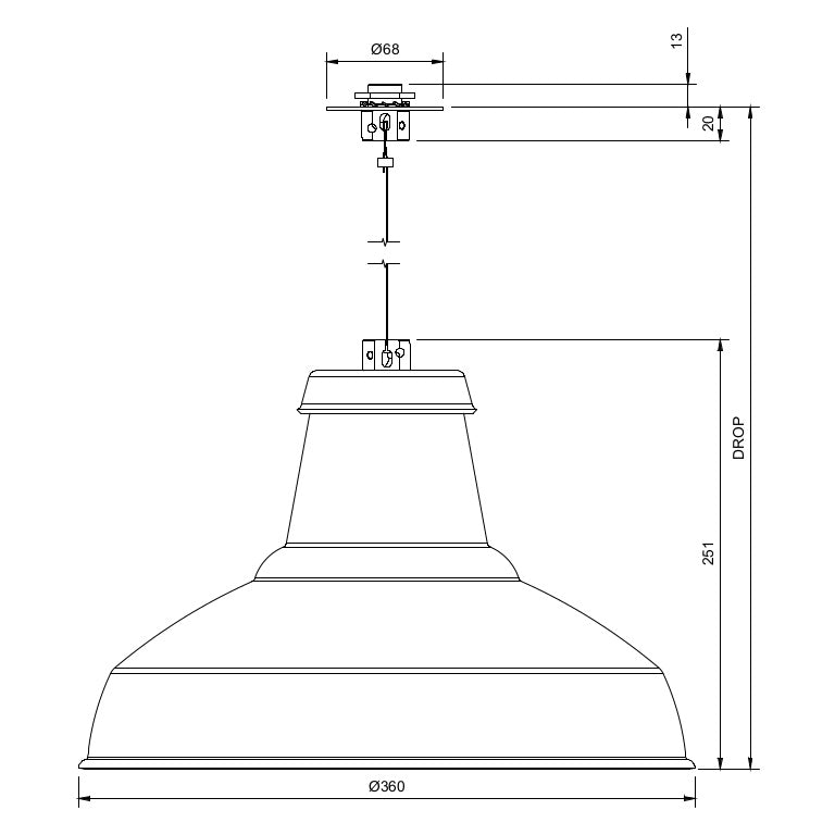 Technical drawing of a circular economy architectural pendant light on a low-profle, disc mount with BESA hole spacings