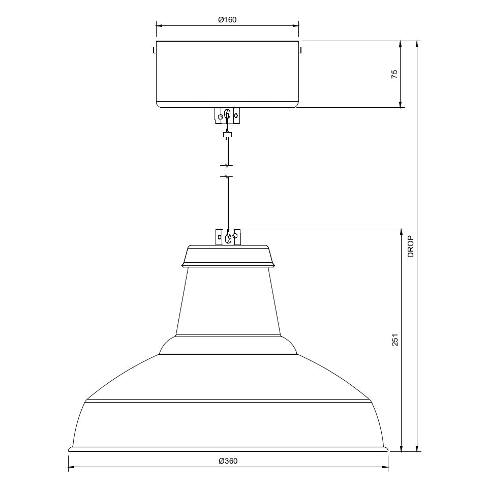 Technical drawing of a circular economy architectural pendant light with large monopoint mounting