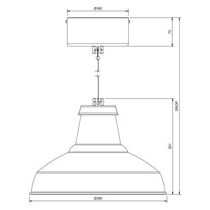 Technical drawing of a circular economy architectural pendant light with large monopoint mounting