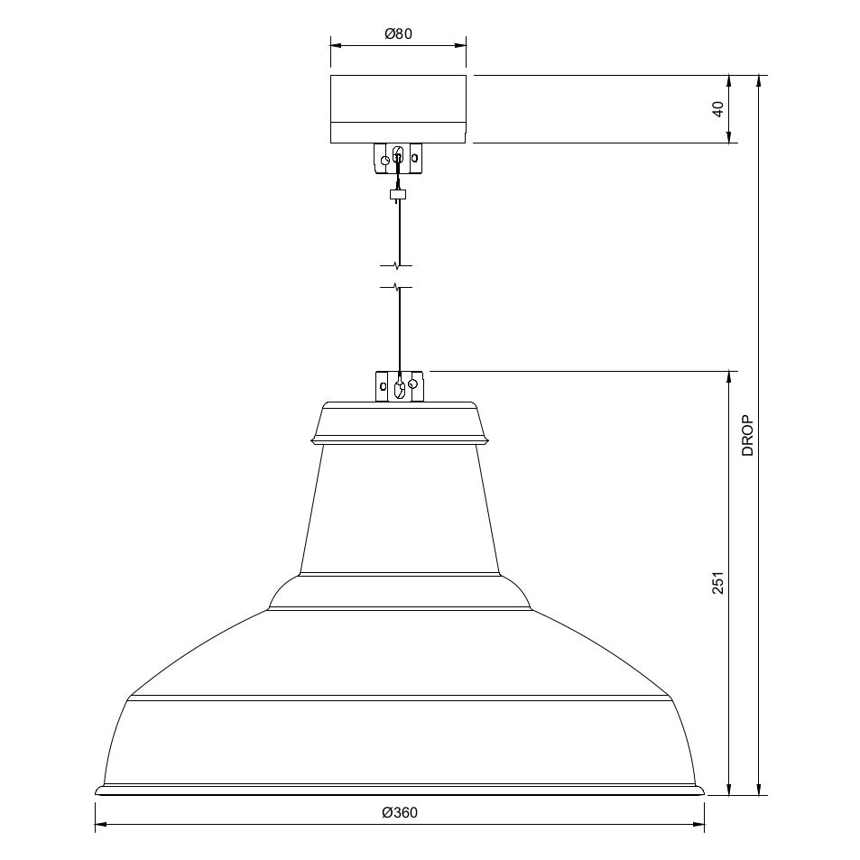 Technical drawing of a circular economy architectural pendant light with small monopoint mounting