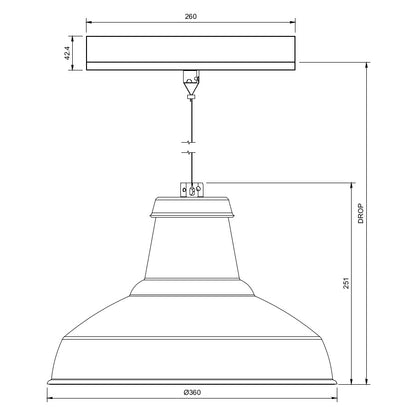 Line drawing of a large circular economy pendant light on an architectural track lighting adaptor