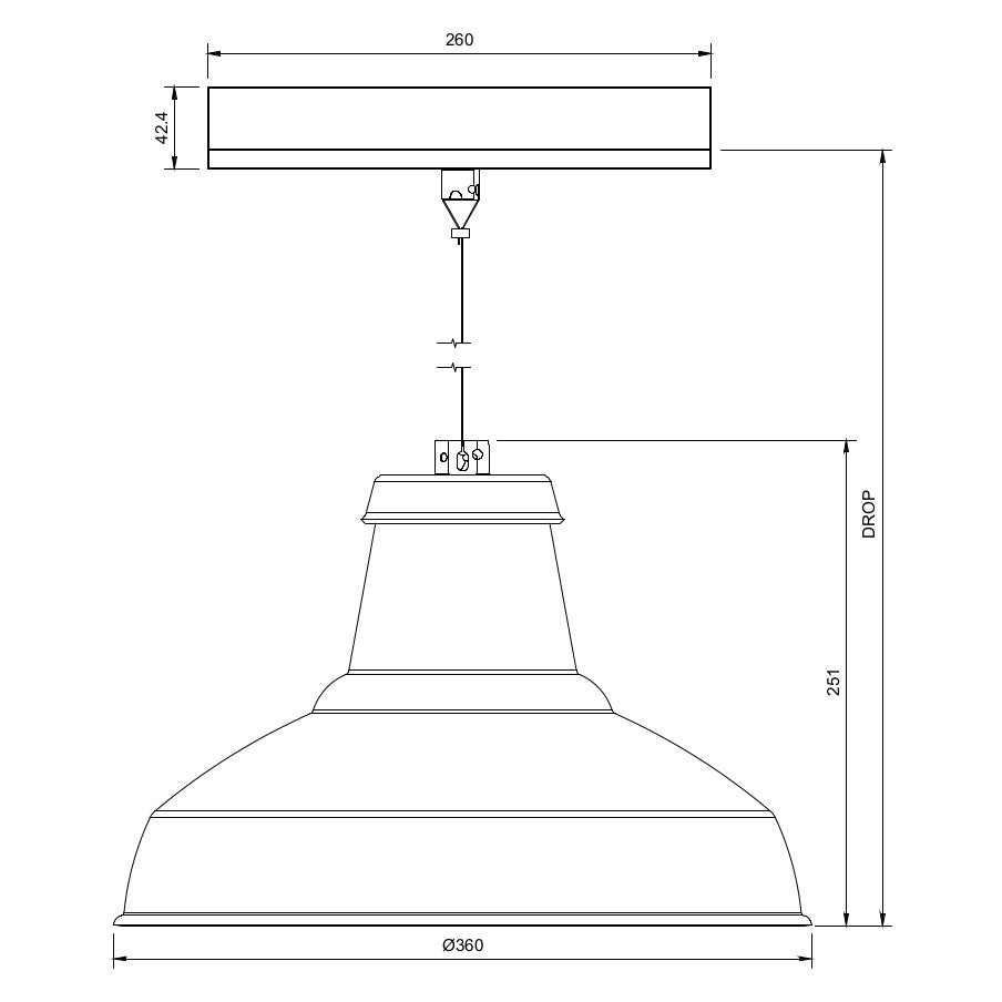 Line drawing of a large circular economy pendant light on an architectural track lighting adaptor