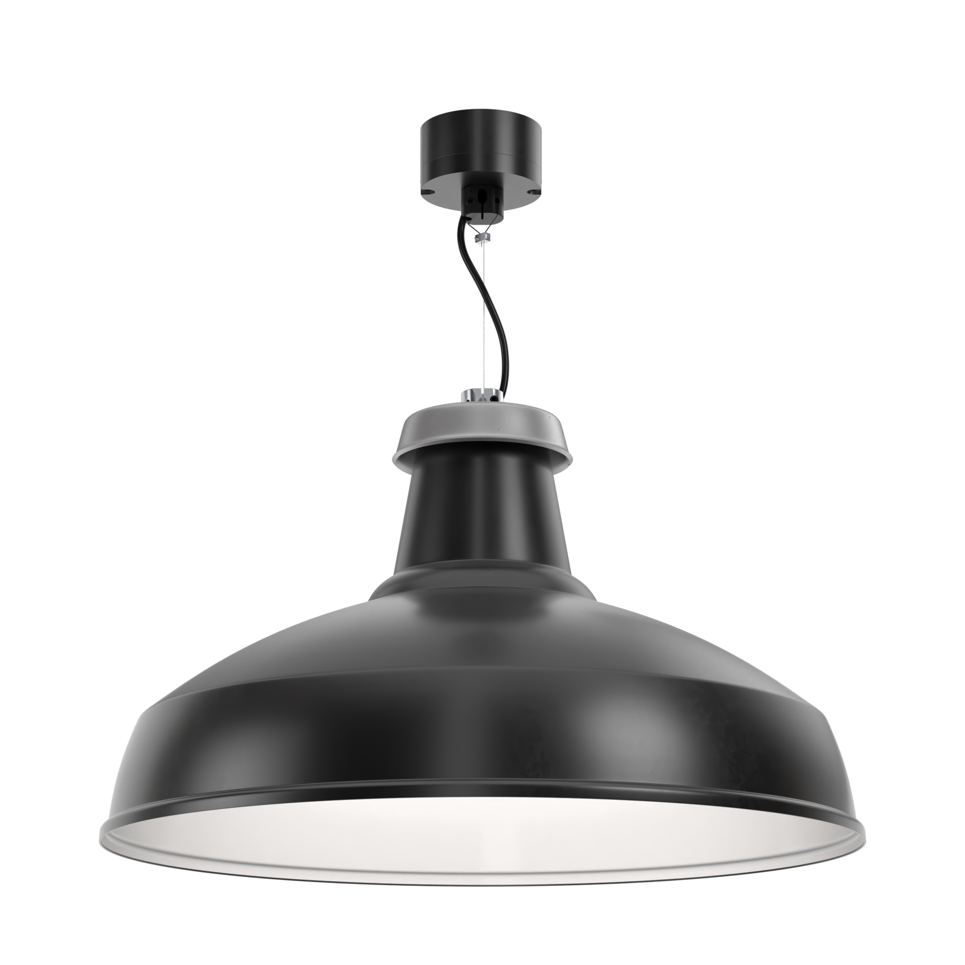 A sustainable architectural XL pendant light on a small monopoint that's designed for circular economy