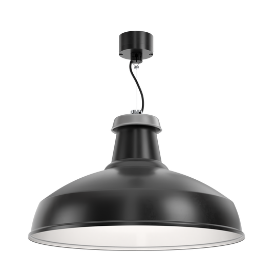 A sustainable architectural XL pendant light on a small monopoint that's designed for circular economy