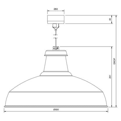 Line drawing of an extra large circular economy pendant on a small architectural monopoint lighting mount