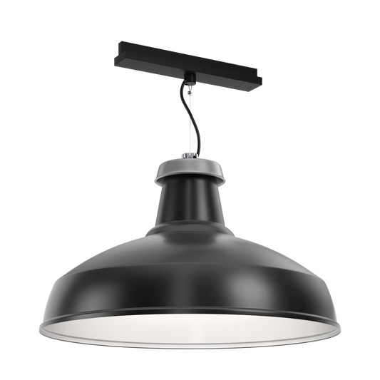 A black architectural XL pendant light that's designed for circular economy, on a track lighting adaptor