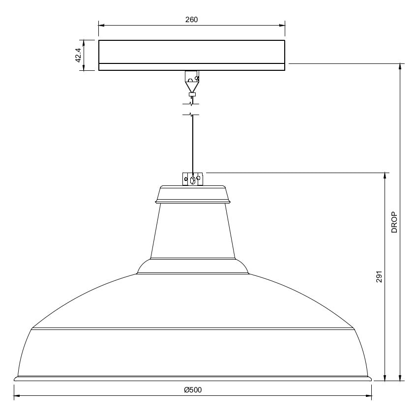 Technical drawing of an extra large circular economy pendant light on an architectural track lighting adaptor
