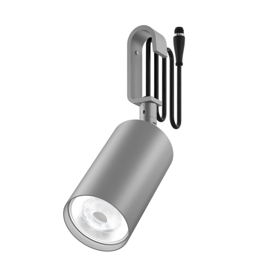 A sustainable, paint-free architectural spotlight that's designed for circular economy, on a low-voltage Track-Pipe® adaptor