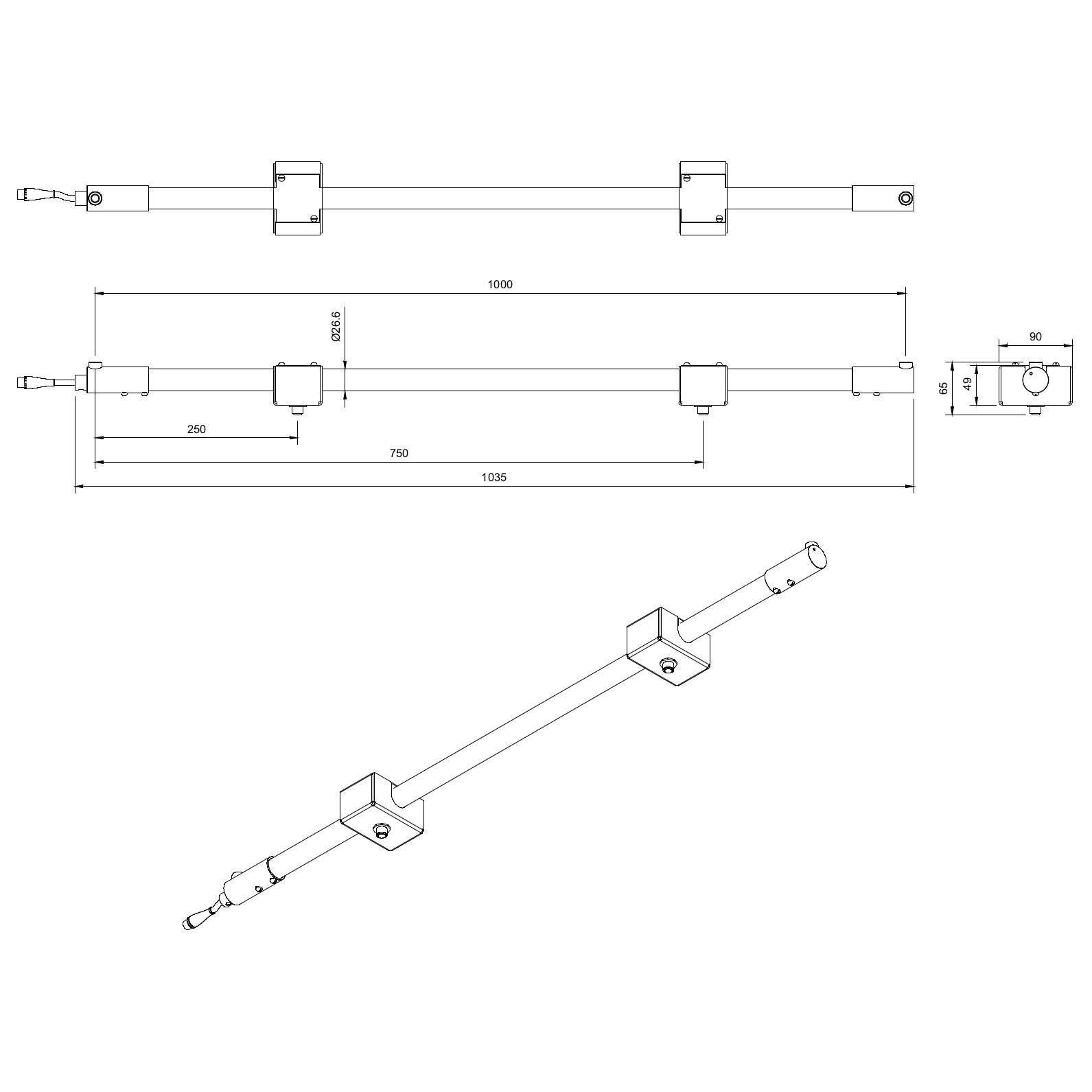 Technical or line drawing of Track-Pipe® 1000mm, a circular economy alternative to track lighting for architects