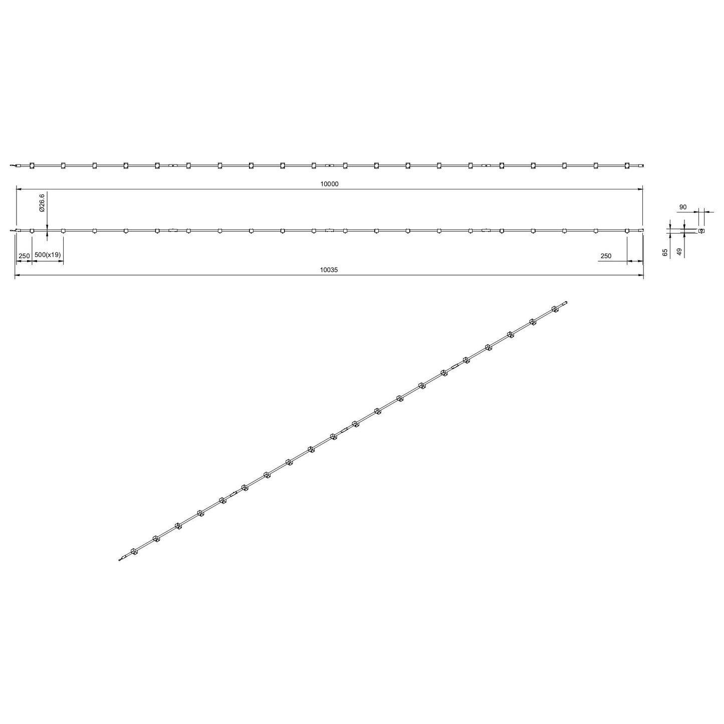 Technical or line drawing of Track-Pipe® 10000mm, a circular economy alternative to track lighting for architects