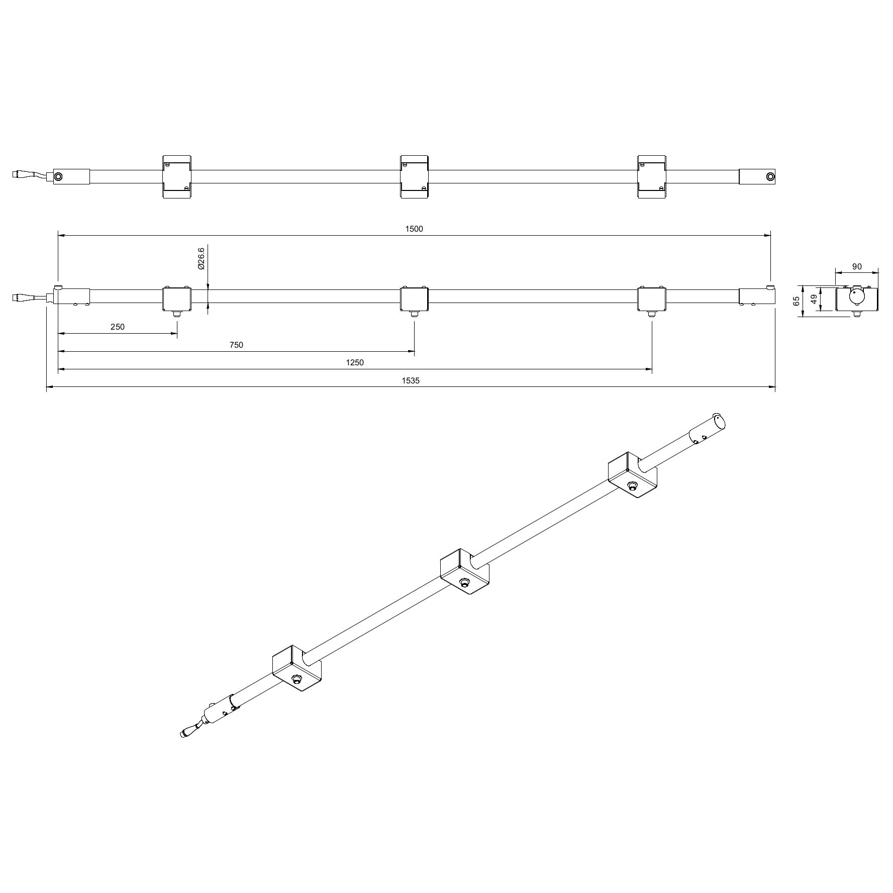Technical or line drawing of Track-Pipe® 1500mm, a circular economy alternative to track lighting for architects