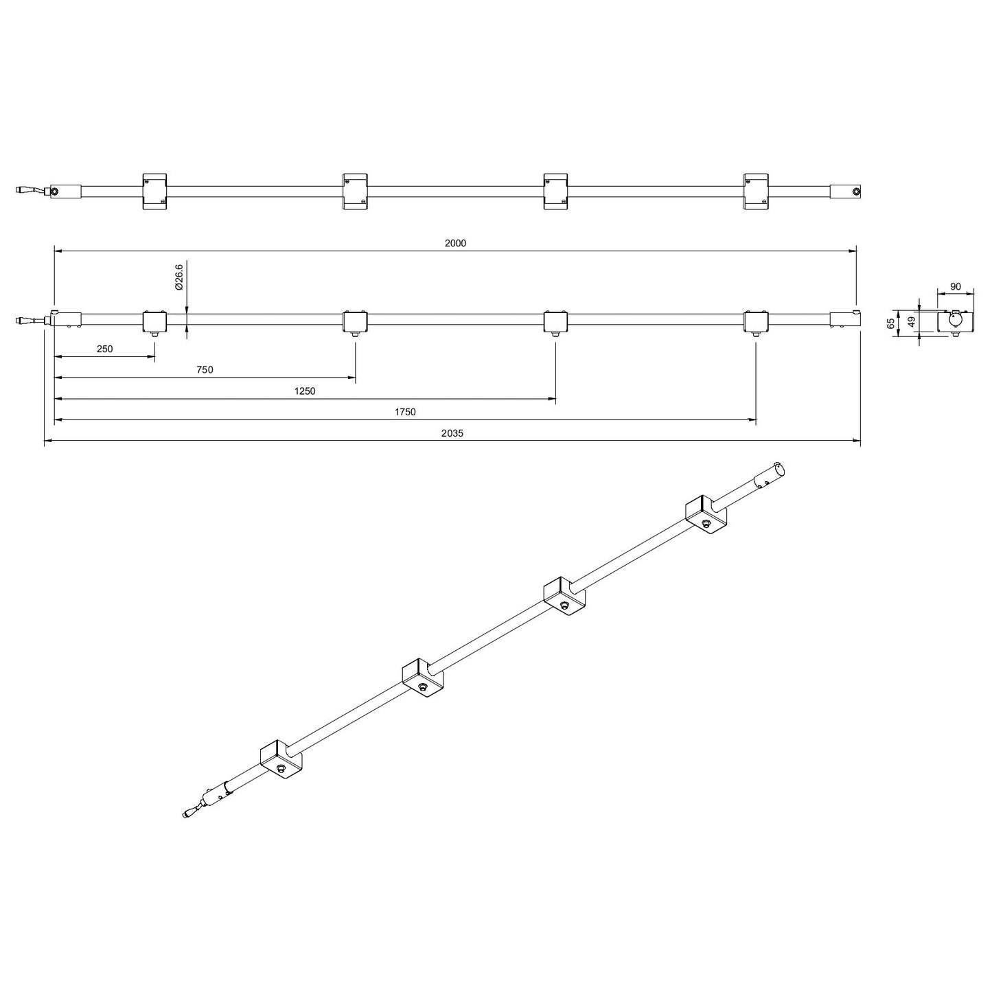 Technical or line drawing of Track-Pipe® 2000mm, a circular economy alternative to track lighting for architects