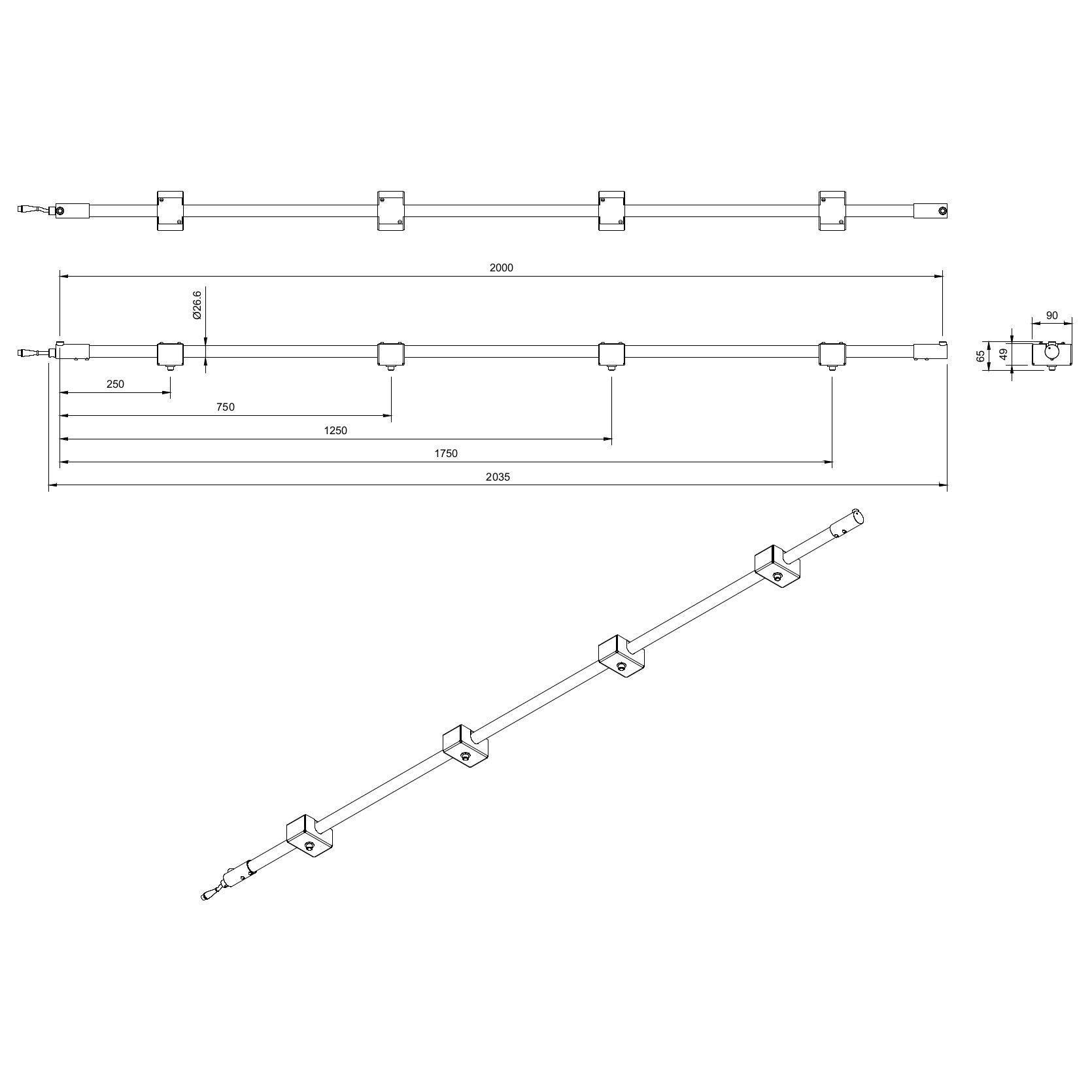 Technical or line drawing of Track-Pipe® 2000mm, a circular economy alternative to track lighting for architects