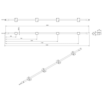 Technical or line drawing of Track-Pipe® 2000mm, a circular economy alternative to track lighting for architects