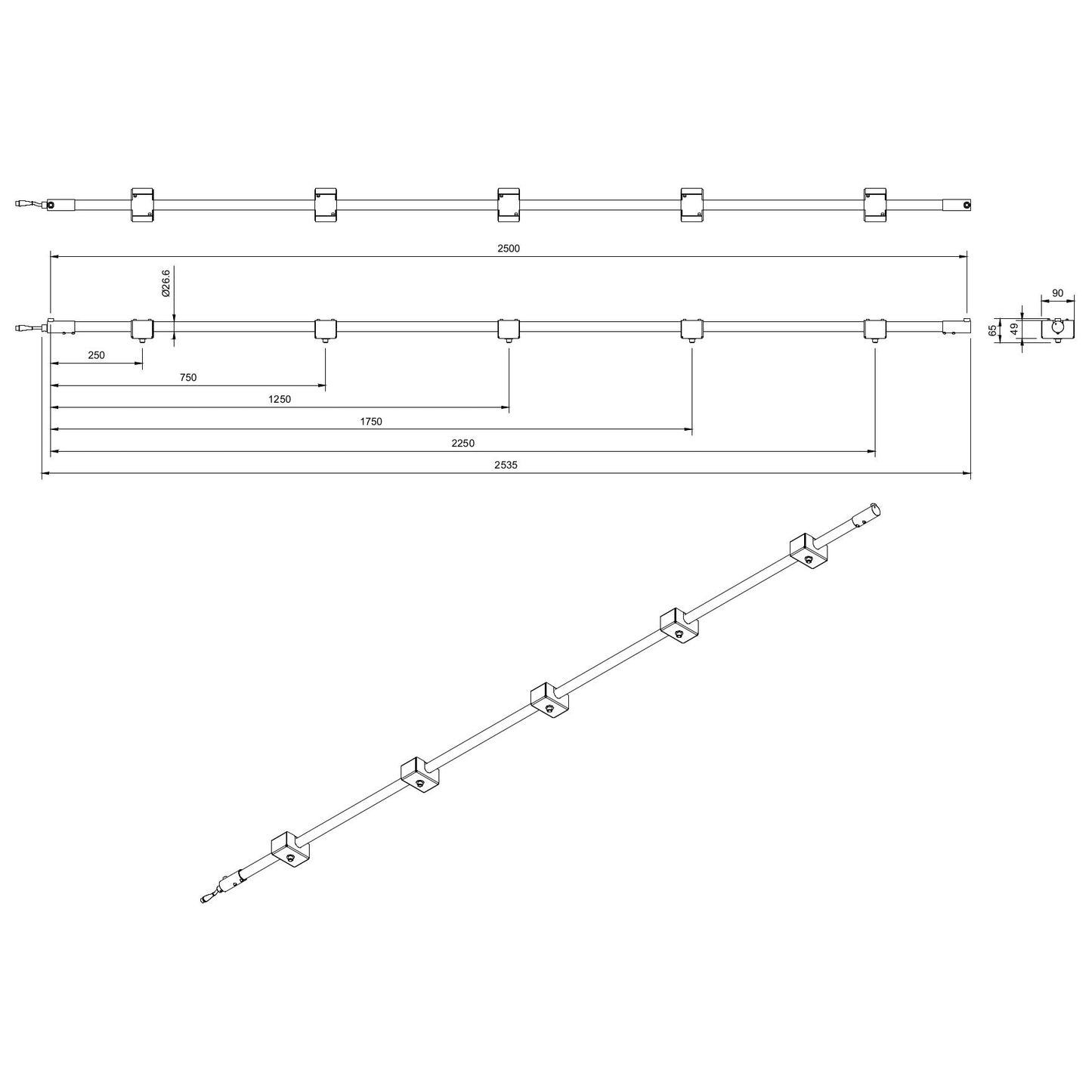 Technical or line drawing of Track-Pipe® 2500mm, a circular economy alternative to track lighting for architects