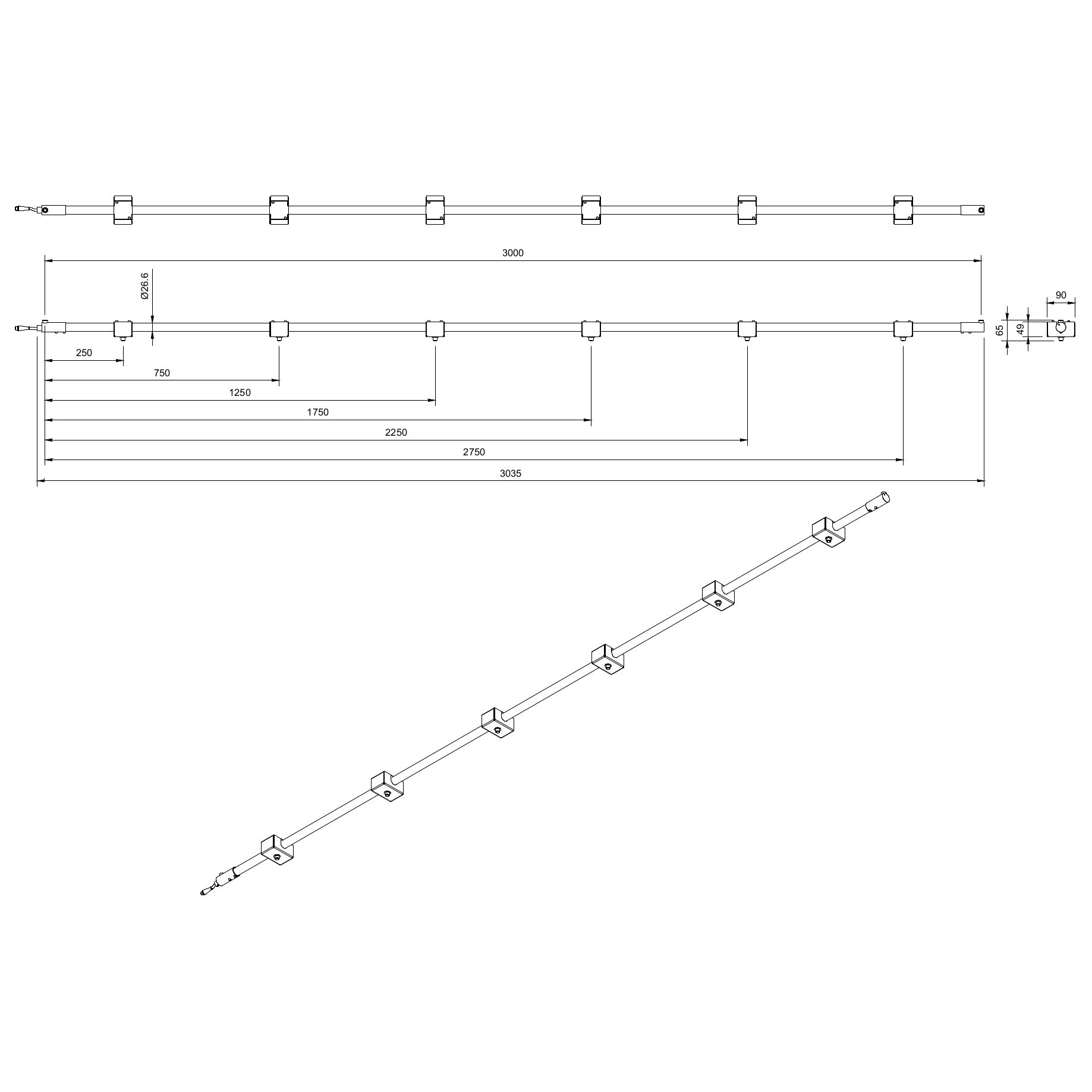 Technical or line drawing of Track-Pipe® 3000mm, a circular economy alternative to track lighting for architects