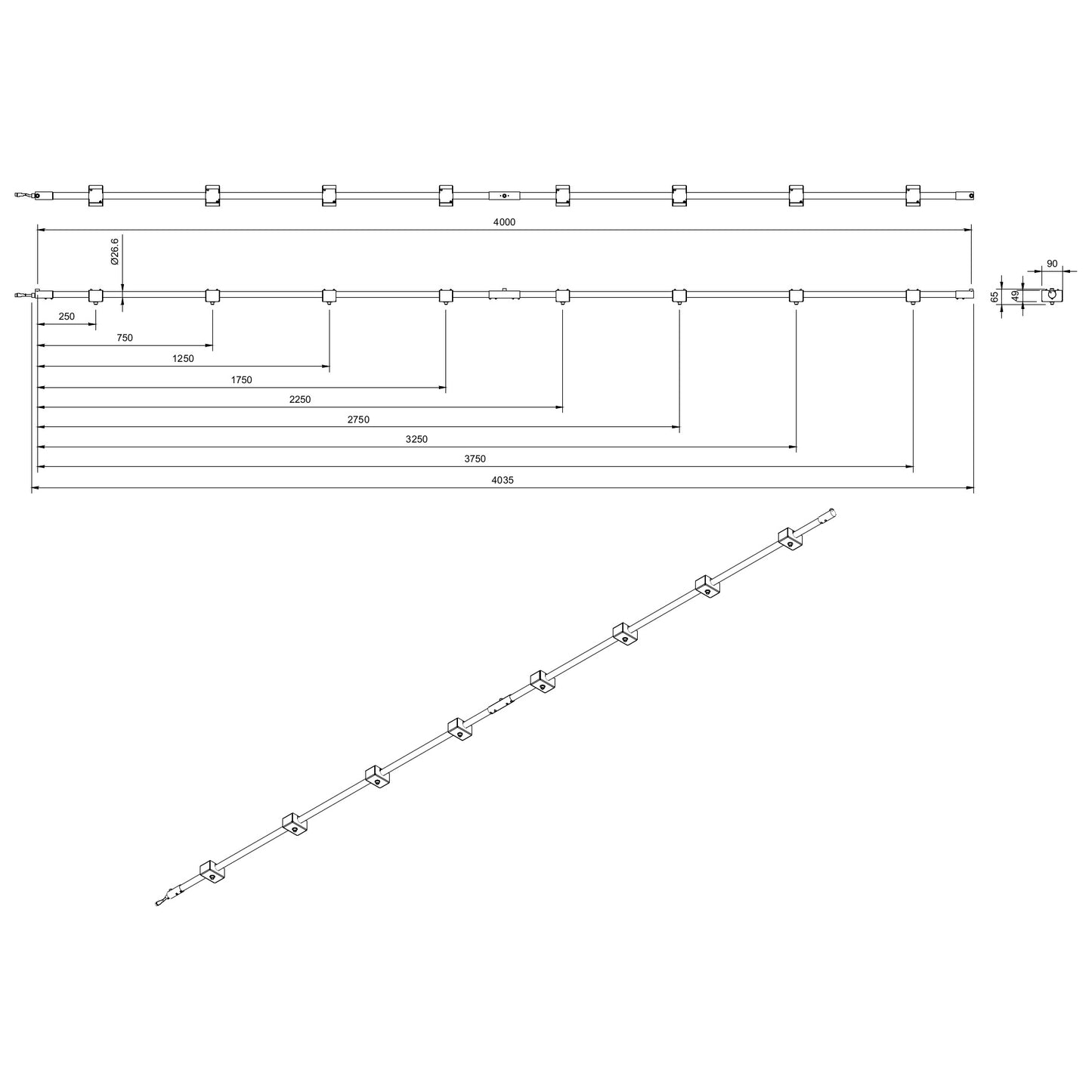 Technical or line drawing of Track-Pipe® 4000mm, a circular economy alternative to track lighting for architects