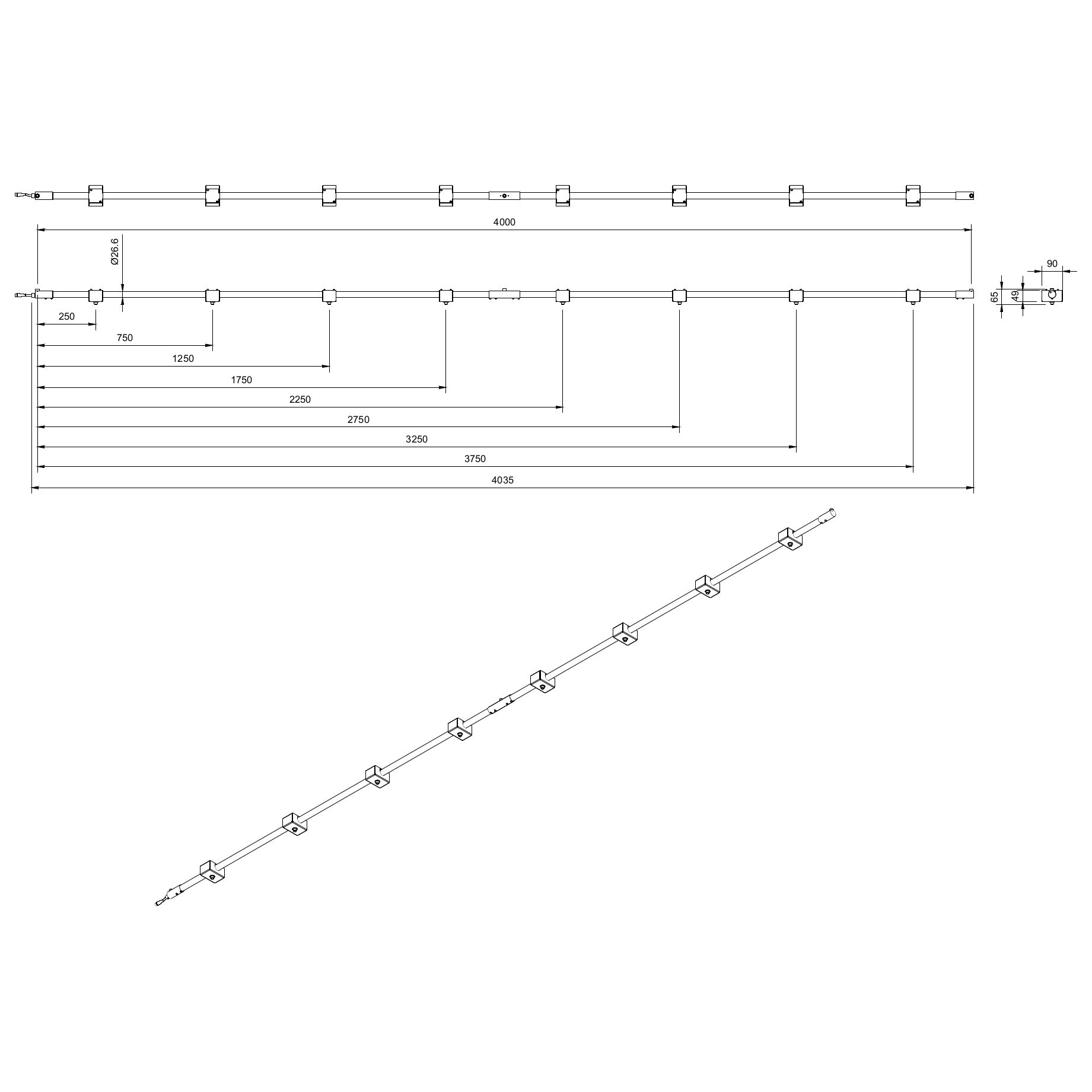 Technical or line drawing of Track-Pipe® 4000mm, a circular economy alternative to track lighting for architects