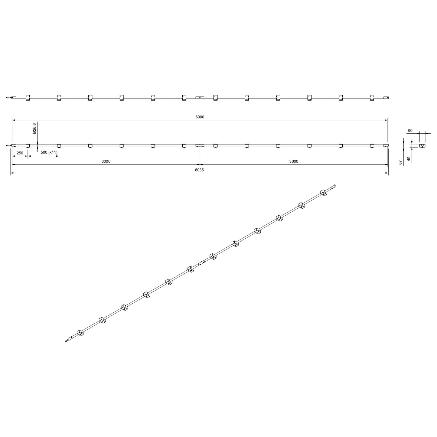 Technical or line drawing of Track-Pipe® 6000mm, a circular economy alternative to track lighting for architects