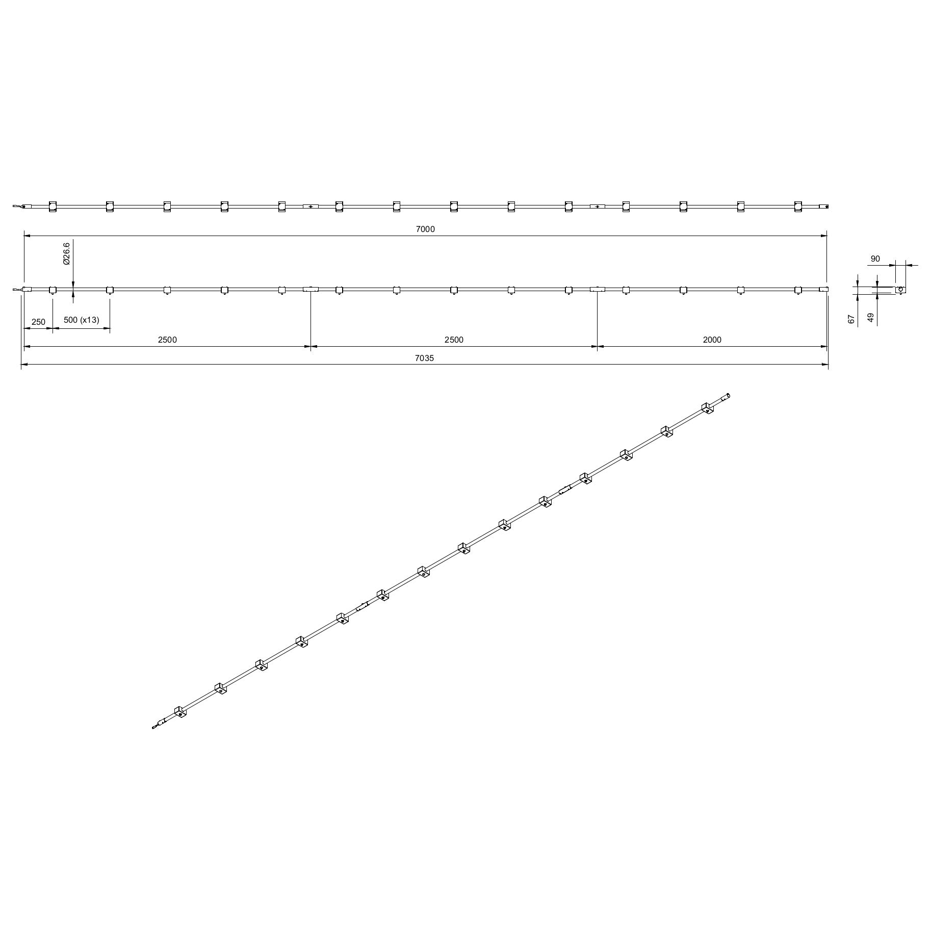 Technical or line drawing of Track-Pipe® 7000mm, a circular economy alternative to track lighting for architects