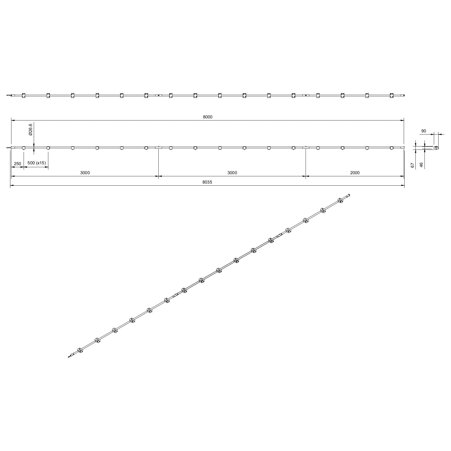Technical or line drawing of Track-Pipe® 8000mm, a circular economy alternative to track lighting for architects