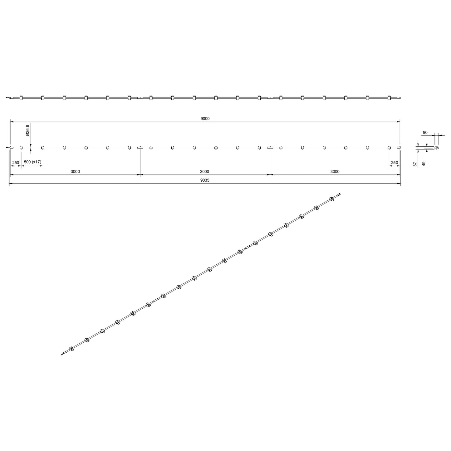 Technical or line drawing of Track-Pipe® 9000mm, a circular economy alternative to track lighting for architects