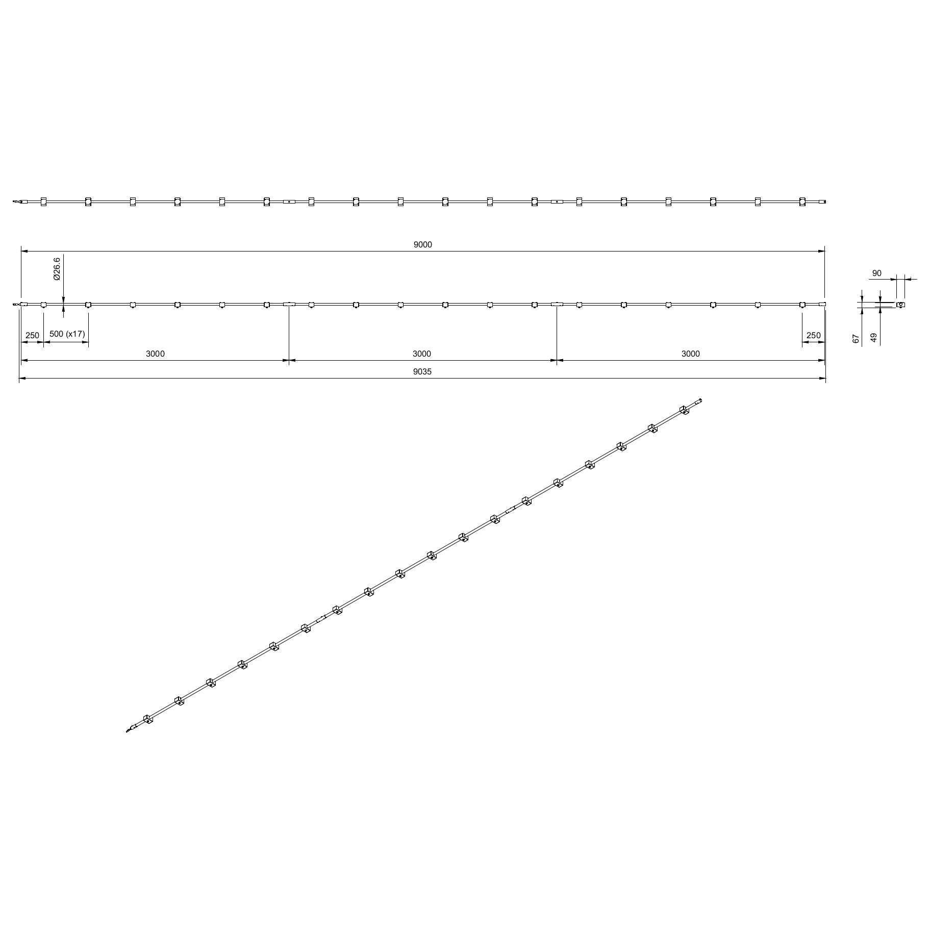 Technical or line drawing of Track-Pipe® 9000mm, a circular economy alternative to track lighting for architects