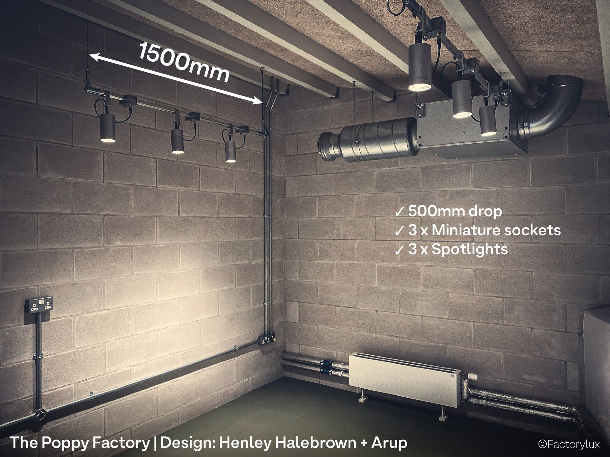 Exposed concrete block walls at Poppy Factory, Richmond, annotated with length and drop of lighting track and spotlights