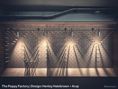 Steel conduit mounted raw metal spotlights in the interior of Royal British Legion's Poppy Factory office and shop