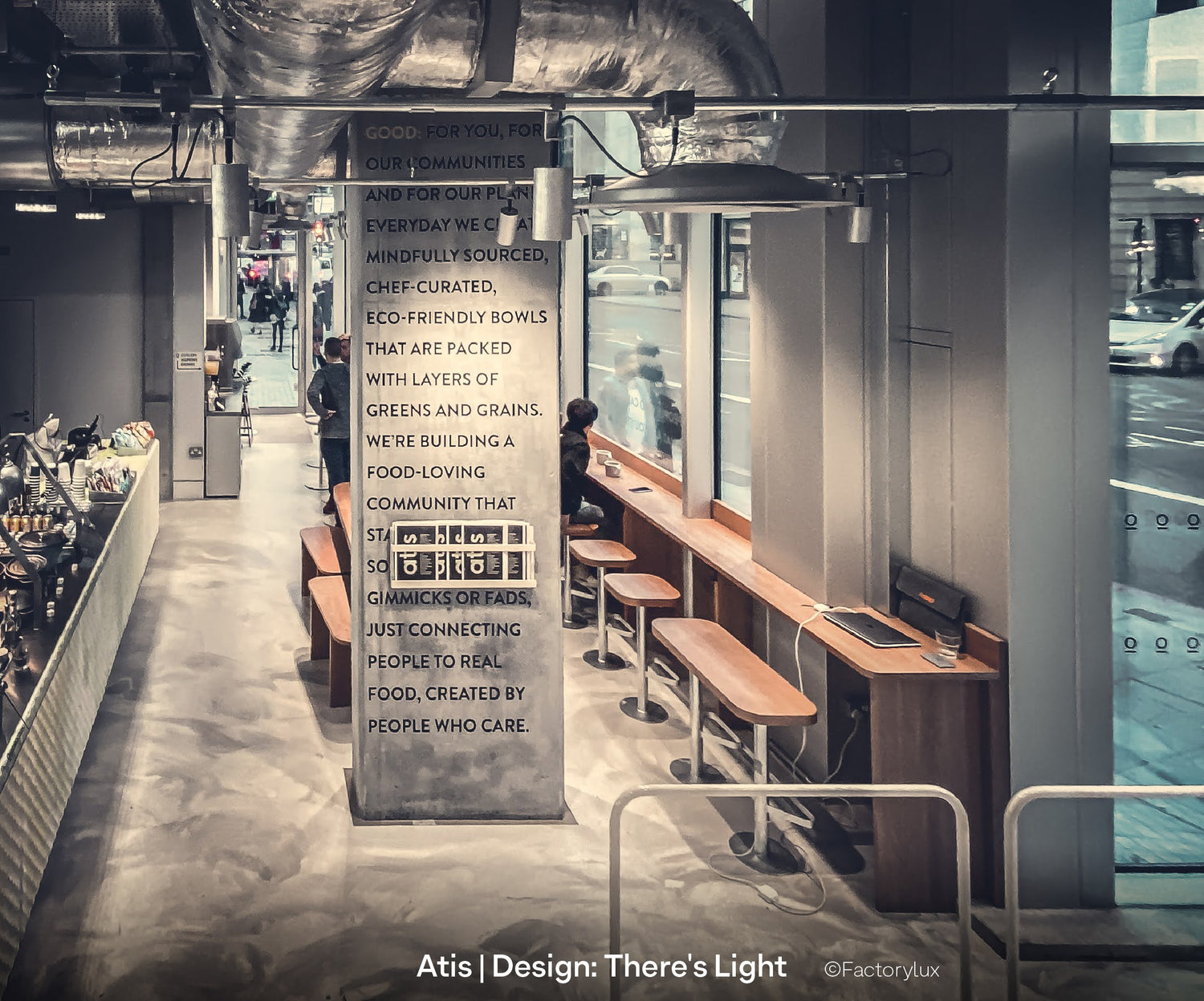 Atis natural organic food cafe with raw metal tube and pipe spotlight lighting system in ceiling with Revit and CAD downloads
